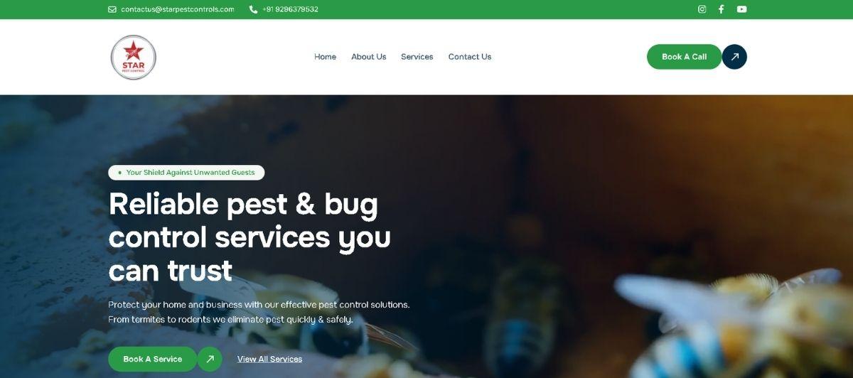 Pest control company hero banner with the headline 'Reliable pest & bug control services you can trust' and a green 'Book A Service' button on a dark blurred background showing pests.