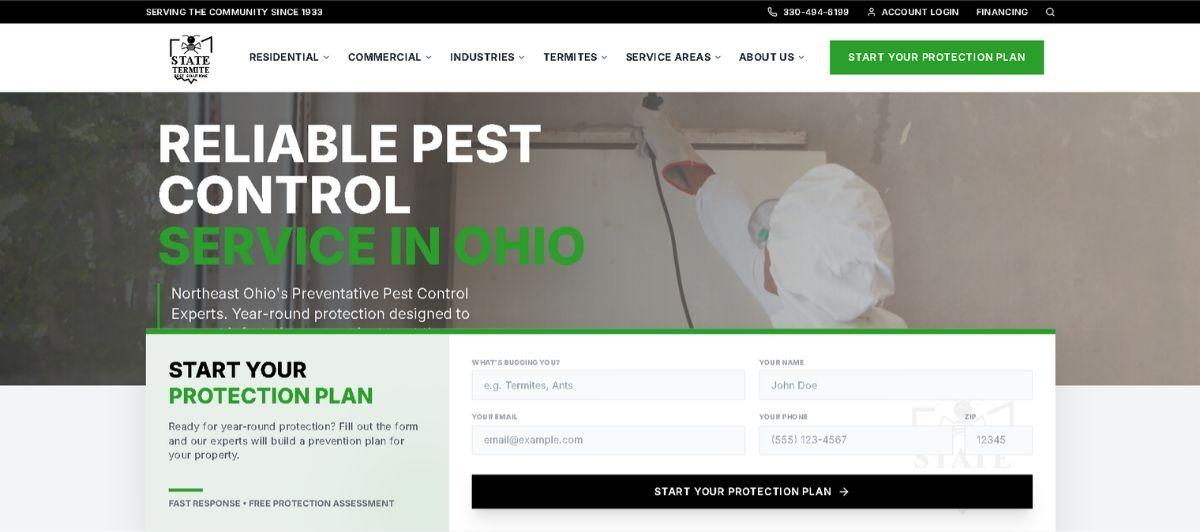 Hero image for a pest control company: bold white and green text 'RELIABLE PEST CONTROL SERVICE IN OHIO' with a technician spraying in the background; conveys service in Ohio.