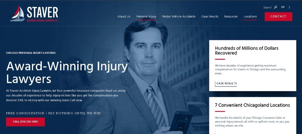 Law firm hero banner: man in a suit on a blue background with the headline 'Award-Winning Injury Lawyers' and a red CTA button, plus two right-side white info panels about recoveries.