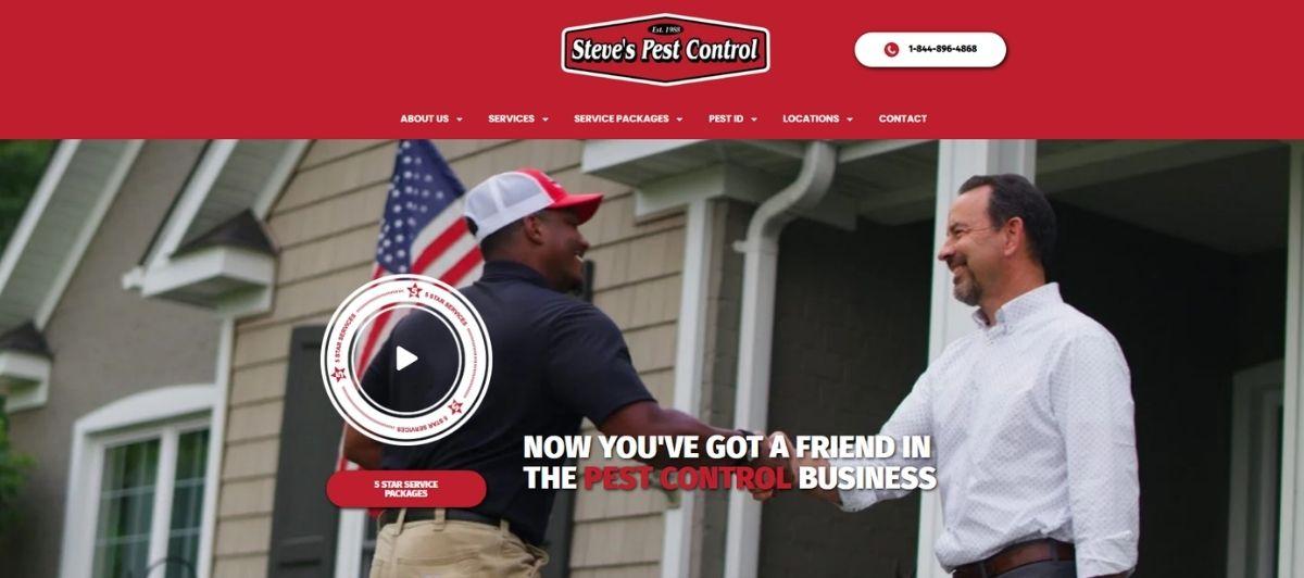 Two men shake hands outside a suburban home in a pest control banner, with a circular video play button overlay on the image.