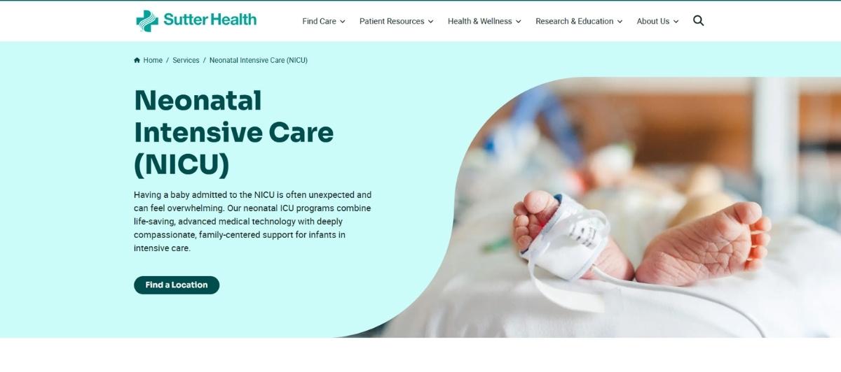 Hero section for Neonatal Intensive Care (NICU) page with large teal title and a newborn foot image indicating NICU services and care.