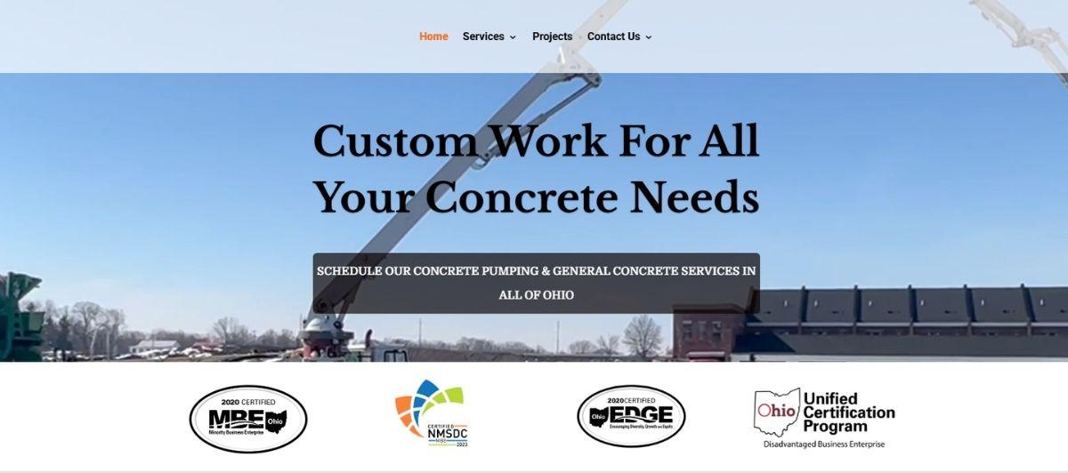 Hero image of a construction site with a crane against a blue sky, featuring the headline 'Custom Work For All Your Concrete Needs' and a dark banner CTA about concrete pumping services in Ohio, with certification logos below.