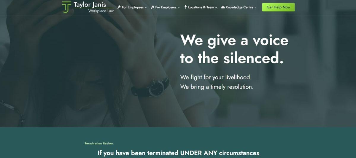 Hero banner for a workplace law site: a stressed person with head in hands, overlaid with the message “We give a voice to the silenced.”