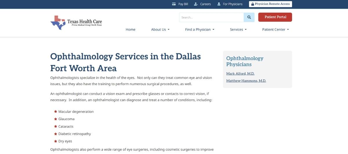 Web page for Texas Health Care ophthalmology services in the Dallas–Fort Worth area, with the title about ophthalmology services and a side panel linking to physicians.