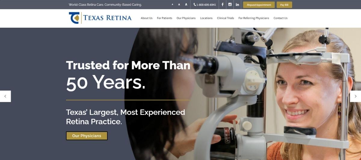 Hero banner: a patient is examined with a slit-lamp microscope during a retina eye check, with bold '50 Years' messaging in the foreground.