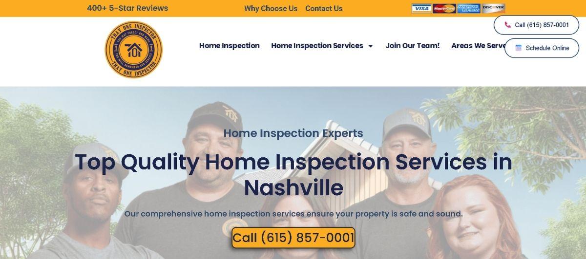 Team of home inspectors standing in front of a house; overlay reads 'Top Quality Home Inspection Services in Nashville' with a yellow Call button nearby.