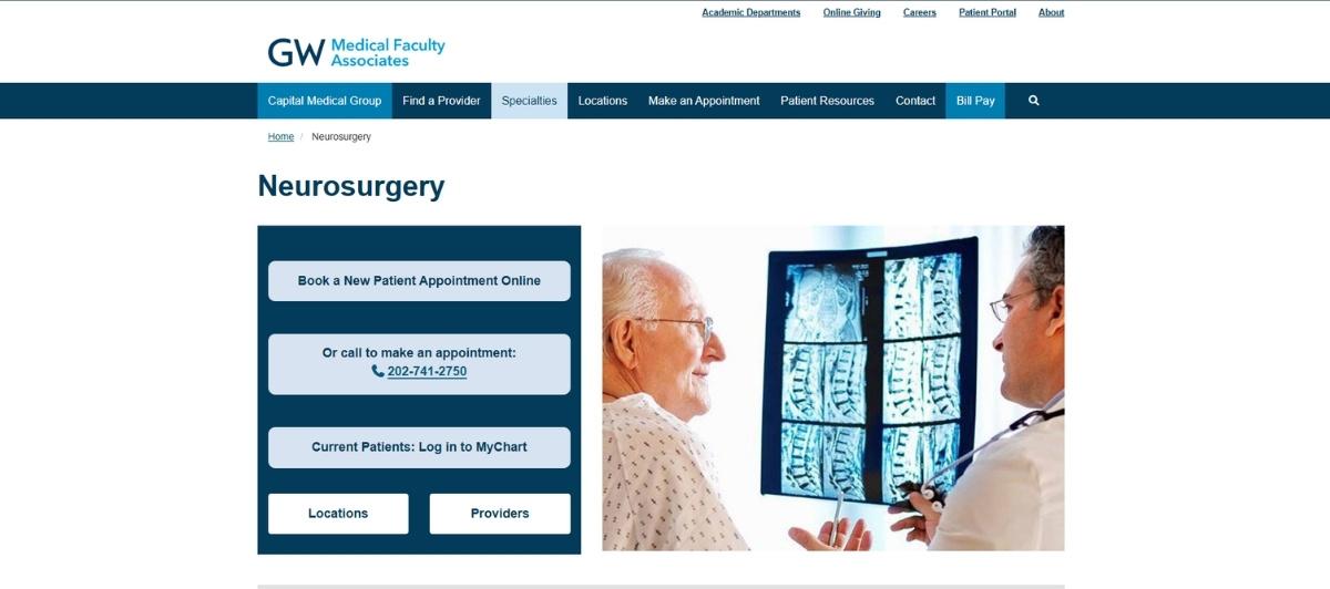 Neurosurgery page showing a doctor reviewing spinal MRI scans with an elderly patient; left side features blue vertical panels for appointments, MyChart, locations, and providers.