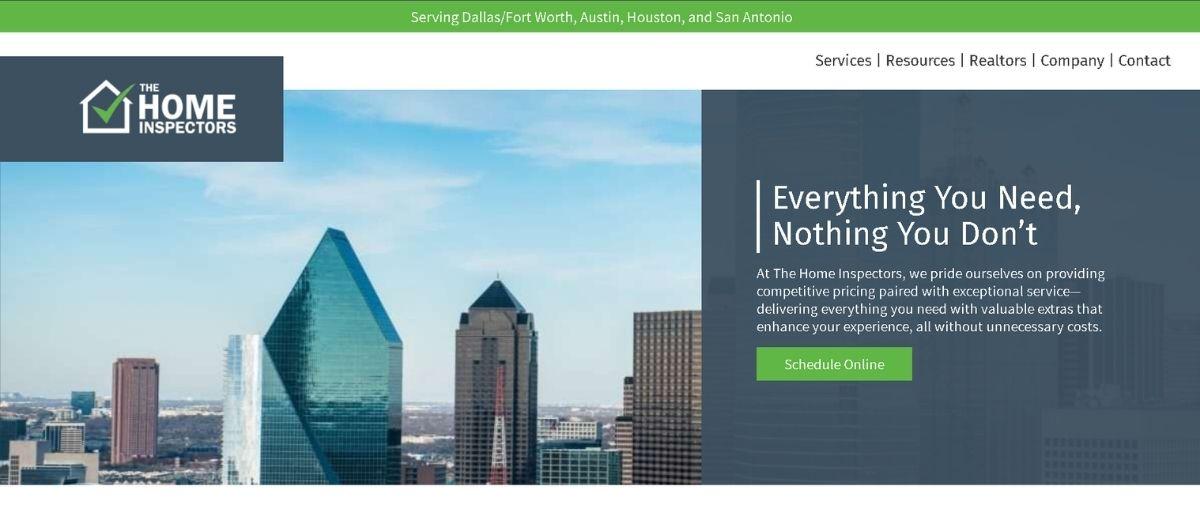 City skyline hero with The Home Inspectors logo on the left and a dark blue panel featuring the headline 'Everything You Need, Nothing You Don’t' and a green Schedule Online button on the right.