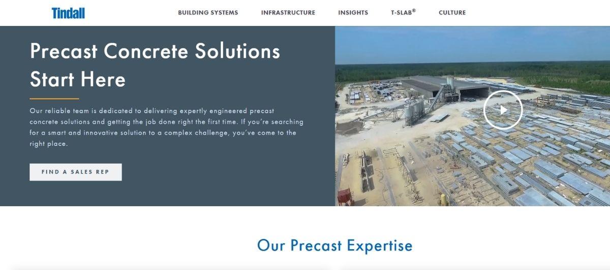 Hero banner about precast concrete solutions with a CTA to Find a Sales Rep and an aerial construction site on the right.