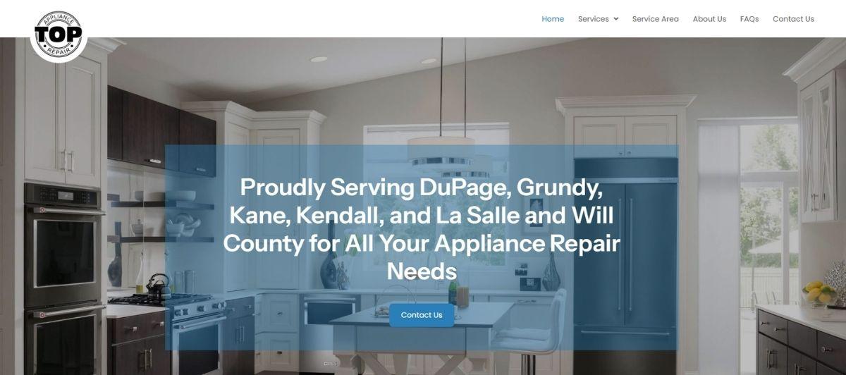 Hero image of a modern kitchen with a blue overlay listing service areas for appliance repair and a Contact Us button