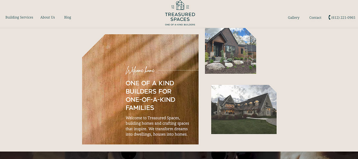 Hero collage for Treasured Spaces: wood-textured panel with welcome message and two sample-home images on the right.