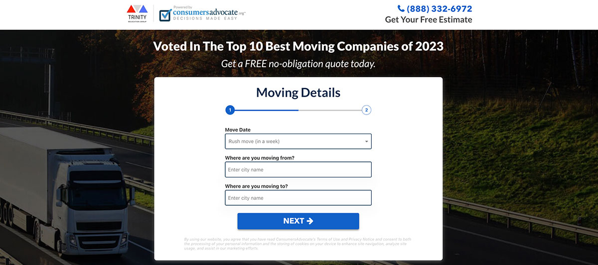 Hero banner showing a white truck on a highway with a centered white 'Moving Details' form, including Move Date and From/To fields and a blue Next button.