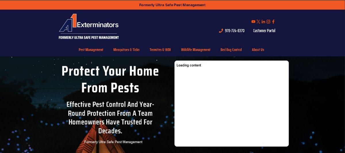 Hero banner for Exterminators pest management site with dark blue header and orange accents; headline reads 'Protect Your Home From Pests' with supporting text about effective pest control. Formerly Ultra Safe Pest Management appears below the title.