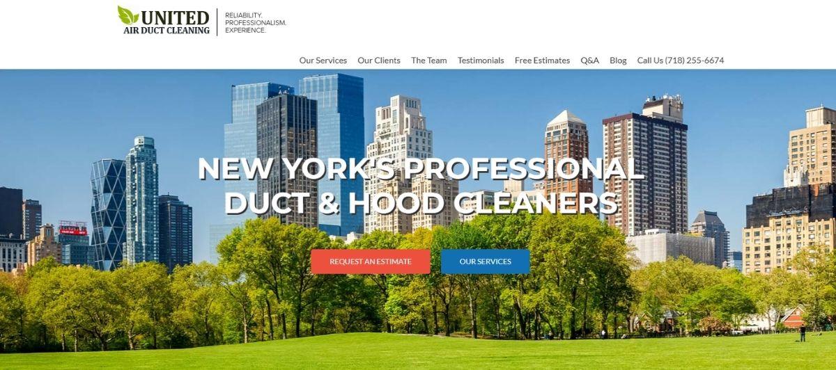 Hero image featuring the NYC skyline over a green park with the bold title “New York's Professional Duct & Hood Cleaners” and red “Request an Estimate” and blue “Our Services” buttons for a duct cleaning service site.