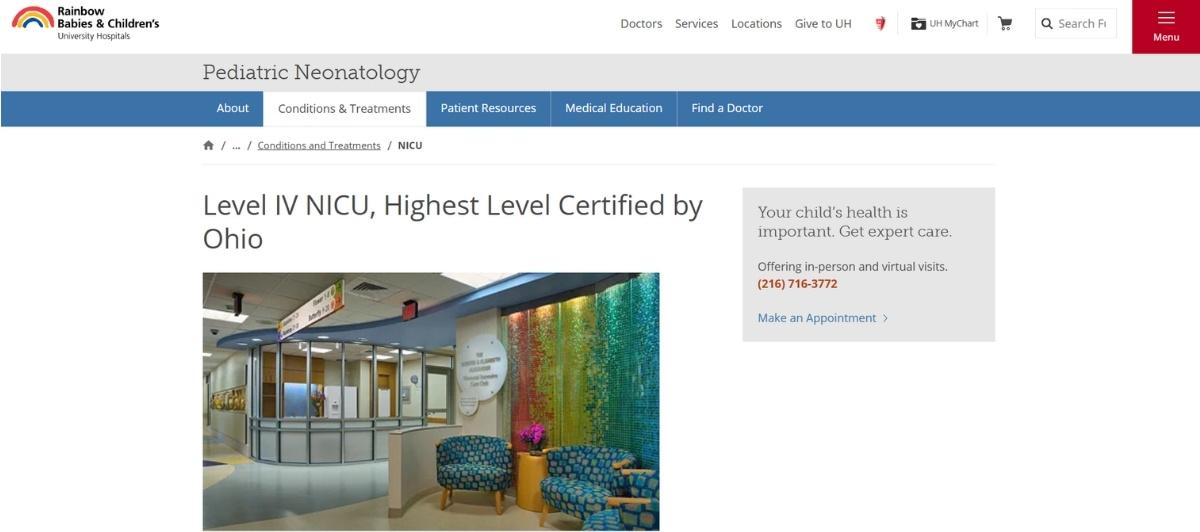 Reception area of the Level IV NICU at Rainbow Babies & Children's Hospital, featuring a curved front desk and colorful wall art with seating nearby (informational image for NICU page).