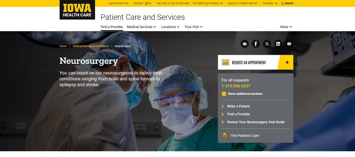Neurosurgery hero: surgeons in an operating room with an appointment panel on the right.
