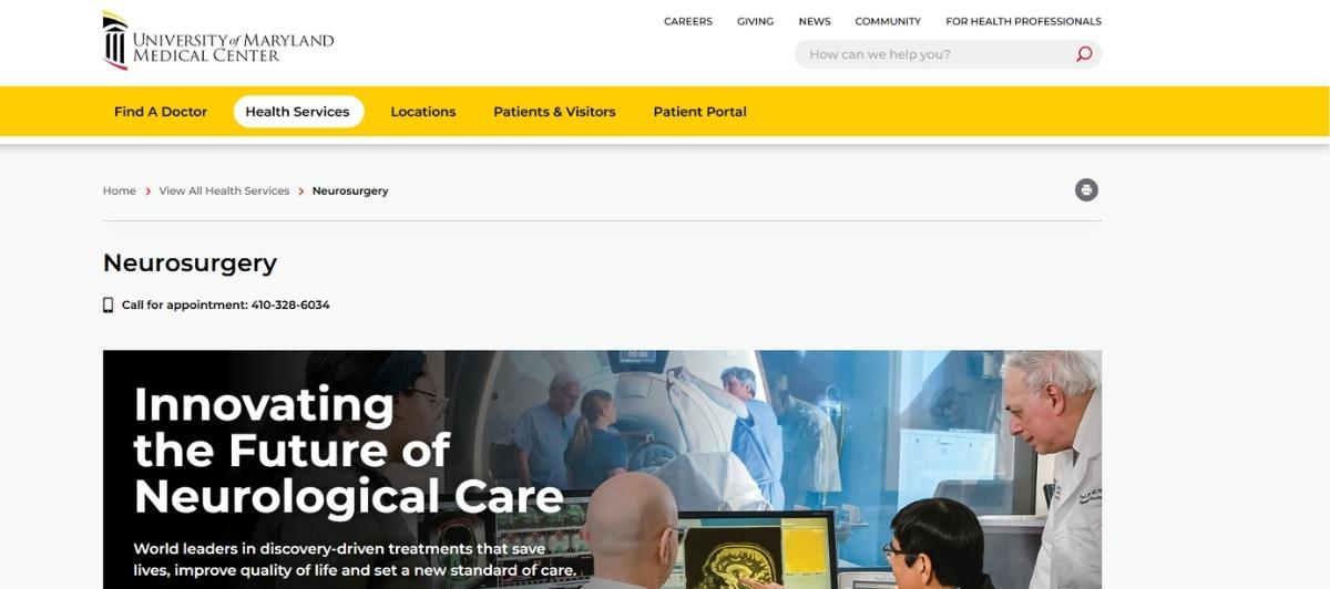 Hero banner on neurosurgery page reading 'Innovating the Future of Neurological Care' with surgeons and monitors in a high-tech operating room setting.
