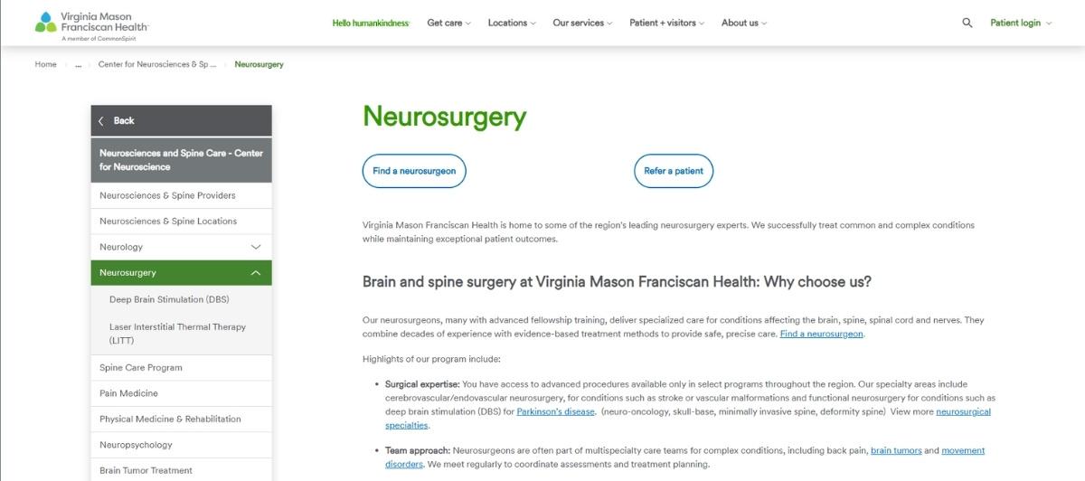 Screenshot of Virginia Mason Franciscan Health Neurosurgery page with a left navigation menu, a green 'Neurosurgery' heading, and two blue-outline buttons: 'Find a neurosurgeon' and 'Refer a patient'.