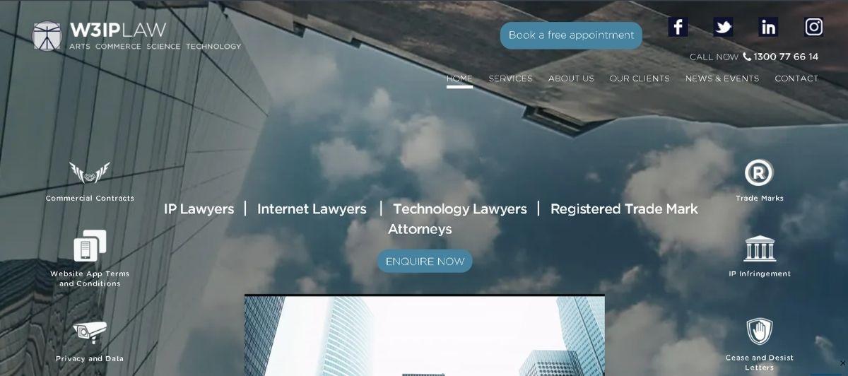 Hero banner for W3IP Law with a city skyline backdrop, listing IP, internet and technology lawyers with an Enquire Now CTA and Book a free appointment button.