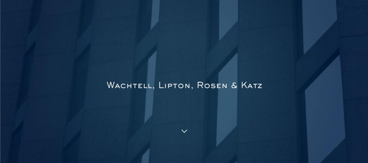 Hero banner with the law firm name Wachtell, Lipton, Rosen & Katz over a blue-toned building facade.