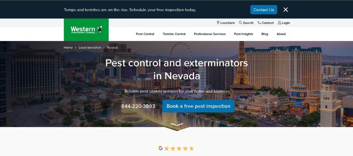 Hero banner for pest control in Nevada with Las Vegas skyline and the text 'Pest control and exterminators in Nevada'; prominent 'Book a free pest inspection' CTA