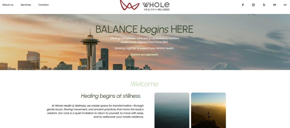 Hero banner with Seattle skyline at sunset and the headline 'BALANCE begins HERE' for Whole Health & Wellness.