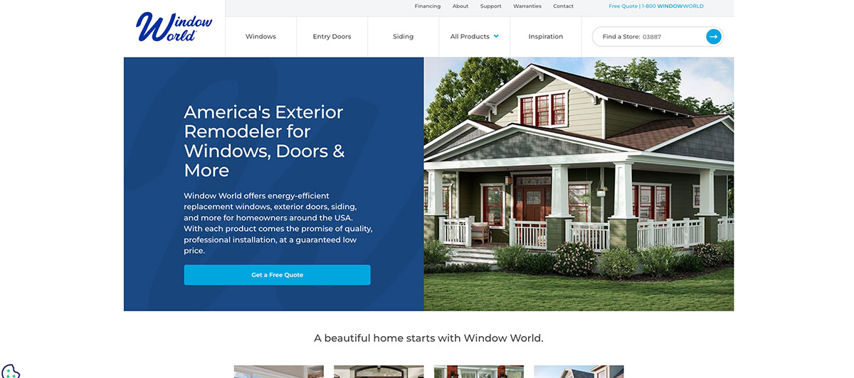 Hero banner for Window World: blue panel with 'America's Exterior Remodeler for Windows, Doors & More' beside a photo of a green two-story house with a front porch and white railing.