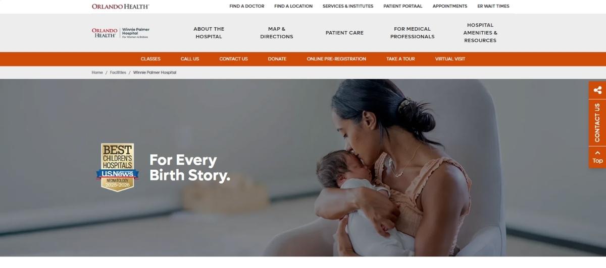 Mother cradling her newborn in a chair, with the text 'For Every Birth Story' on an Orlando Health hero banner.