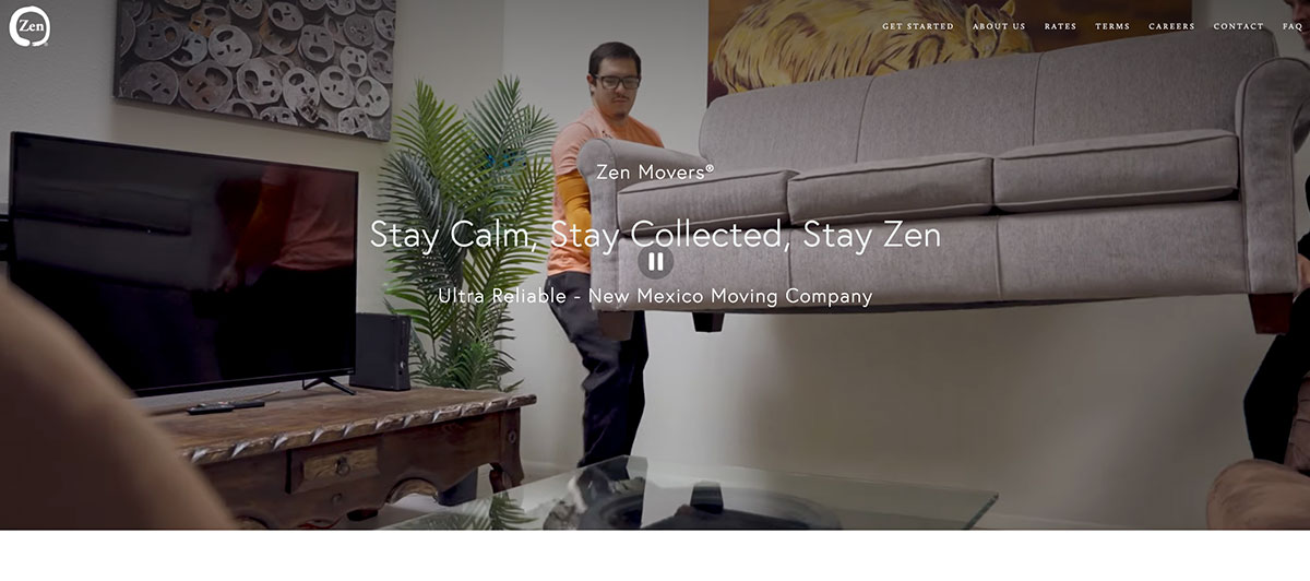 Movers carrying a sofa through a living room with a TV, plants, and a wooden coffee table; Zen Movers branding and slogan overlaid.