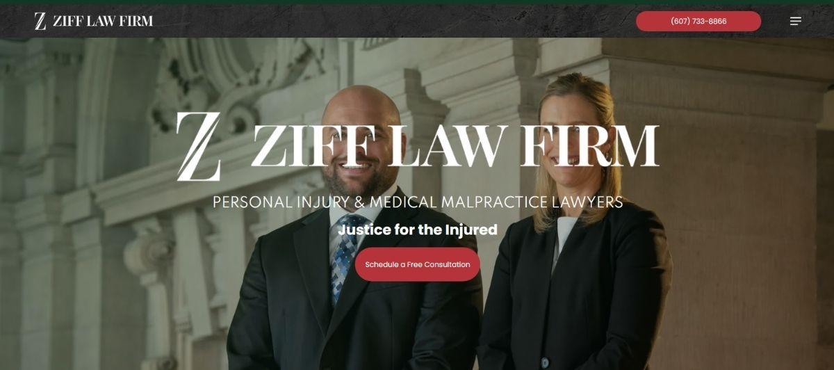 Two lawyers in suits stand before a stone building; large Ziff Law Firm logo and 'Justice for the Injured' text with a red 'Schedule a Free Consultation' button over the hero image.