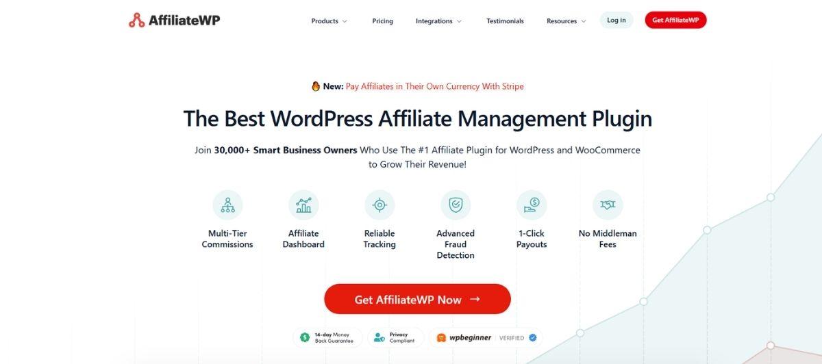 Hero section advertising The Best WordPress Affiliate Management Plugin with a row of feature icons and a red Get AffiliateWP Now button