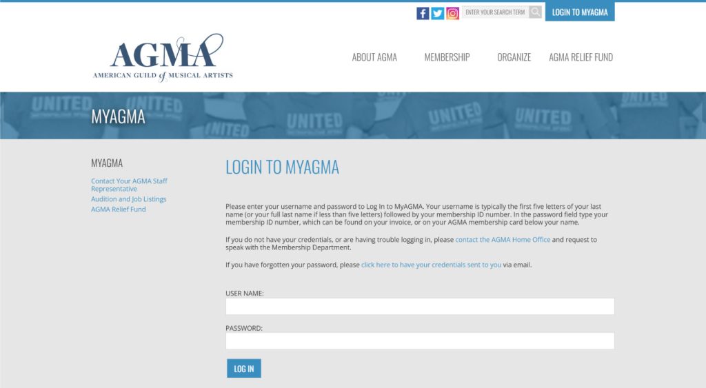 American Guild of Musical Artists login page