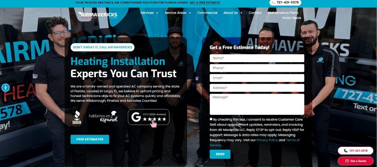 Hero section for Air Mavericks heating services showing a team of technicians with the headline 'Heating Installation Experts You Can Trust' and a blue 'Free Estimates' button on the left side of the page.