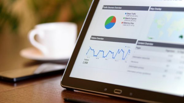Tablet displaying a business analytics dashboard with a line chart and a pie chart on a wooden desk, blurred coffee cup in the background.