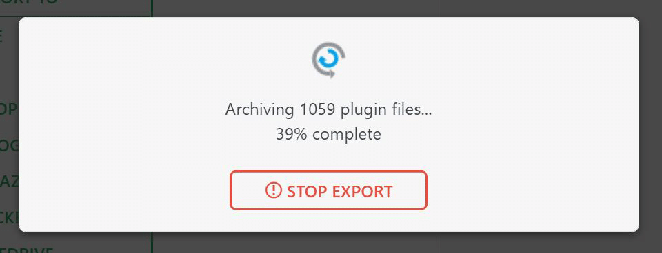 Progress dialog: archiving 1059 plugin files, 39% complete, with a Stop Export button.
