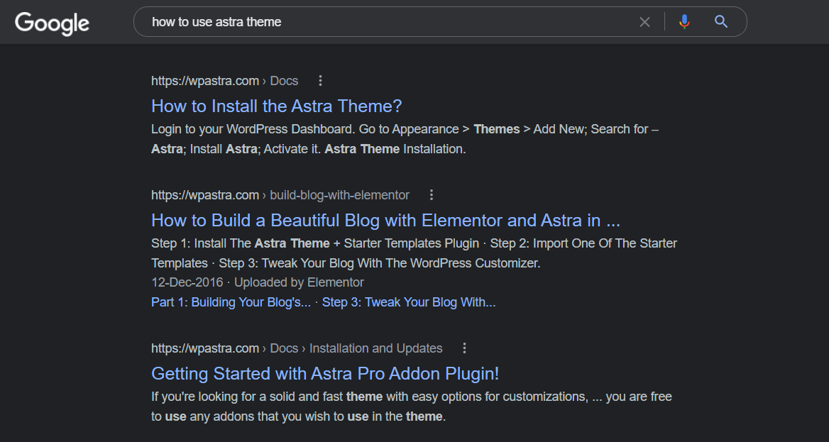 Astra theme search