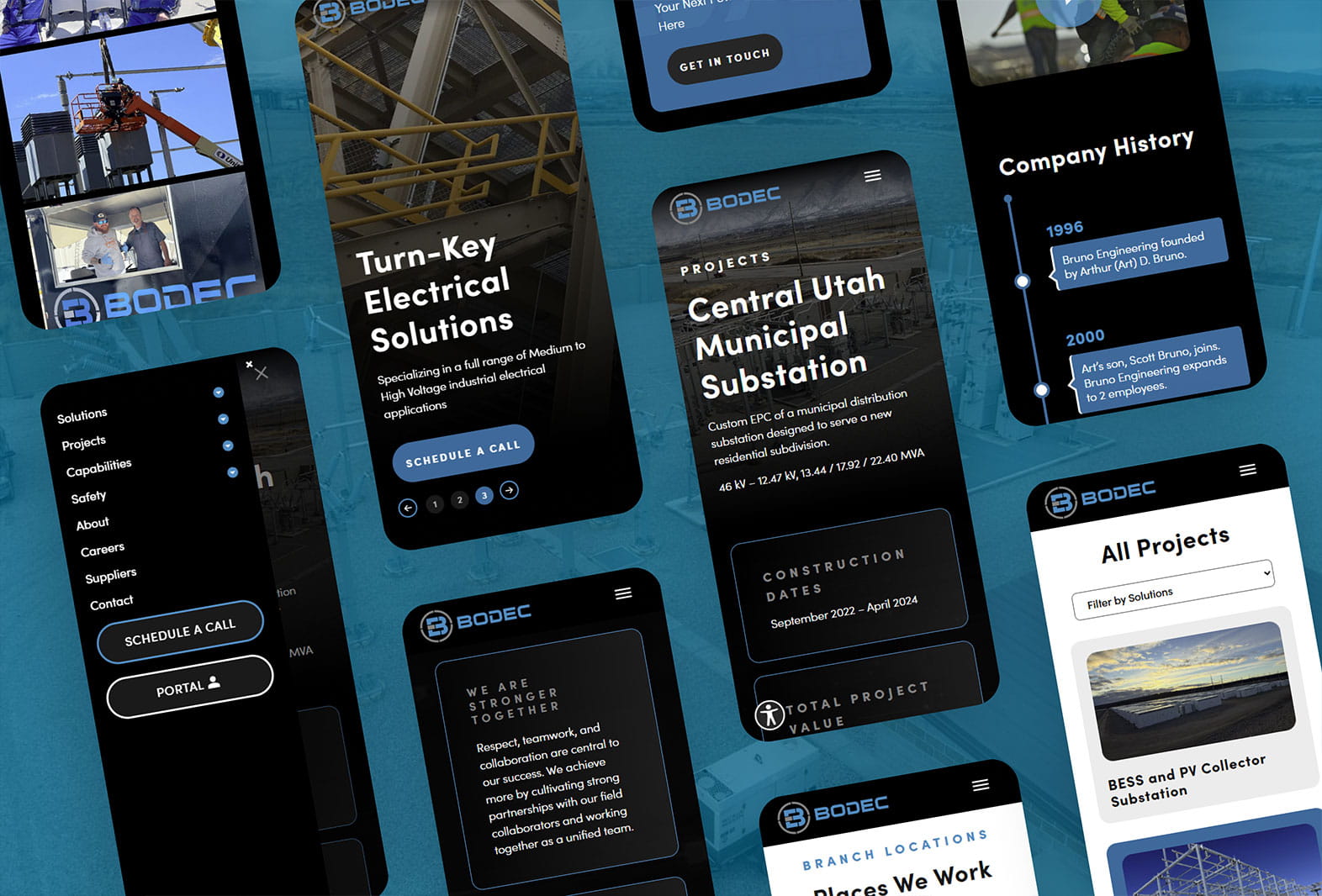 Collage of dark-themed mobile screens for a tech/engineering company, showing project cards, timelines, and a 'Schedule a Call' CTA (BODEC branding).