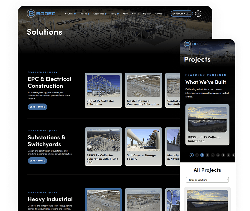 Company solutions page with a dark theme and a grid of project cards under the header “Solutions.”