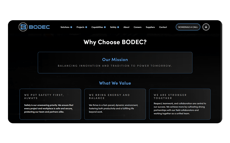 Dark BODEC webpage section titled 'Why Choose BODEC?' featuring a glowing Our Mission banner and three value cards.