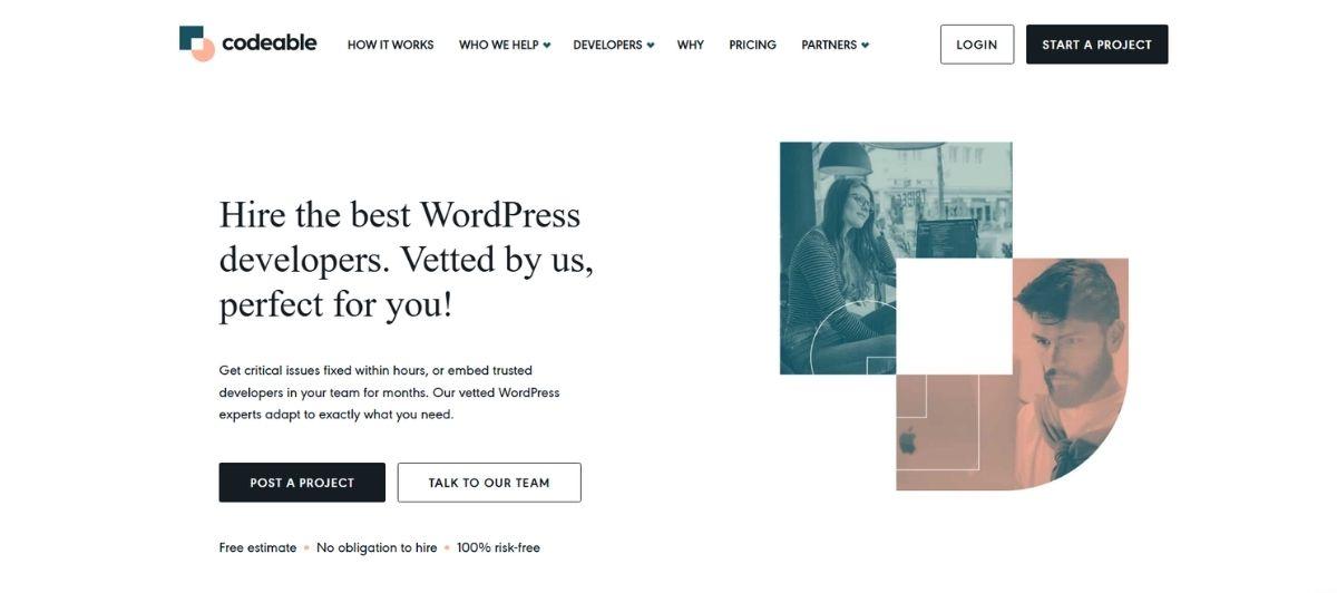 Hero section featuring Codeable logo and navigation, headline 'Hire the best WordPress developers. Vetted by us, perfect for you!', two CTAs 'Post a Project' and 'Talk to our team', and a right-side collage of teal and peach shapes with photos.
