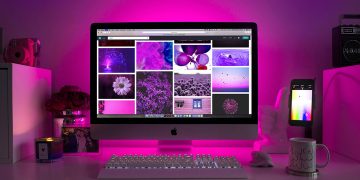 desktop with a purple light behind it and purple images in an image search