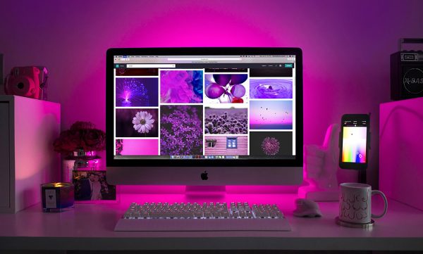 desktop with a purple light behind it and purple images in an image search