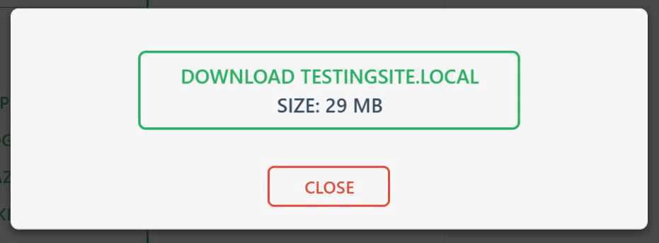 Modal dialog offering download: green bordered box shows 'DOWNLOAD TESTINGSITE.LOCAL' and 'SIZE: 29 MB', with a red-outlined Close button