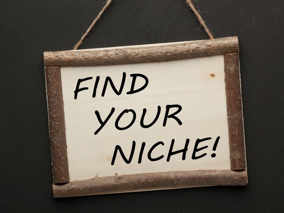 Hanging wooden sign on a dark background that says 'FIND YOUR NICHE!'
