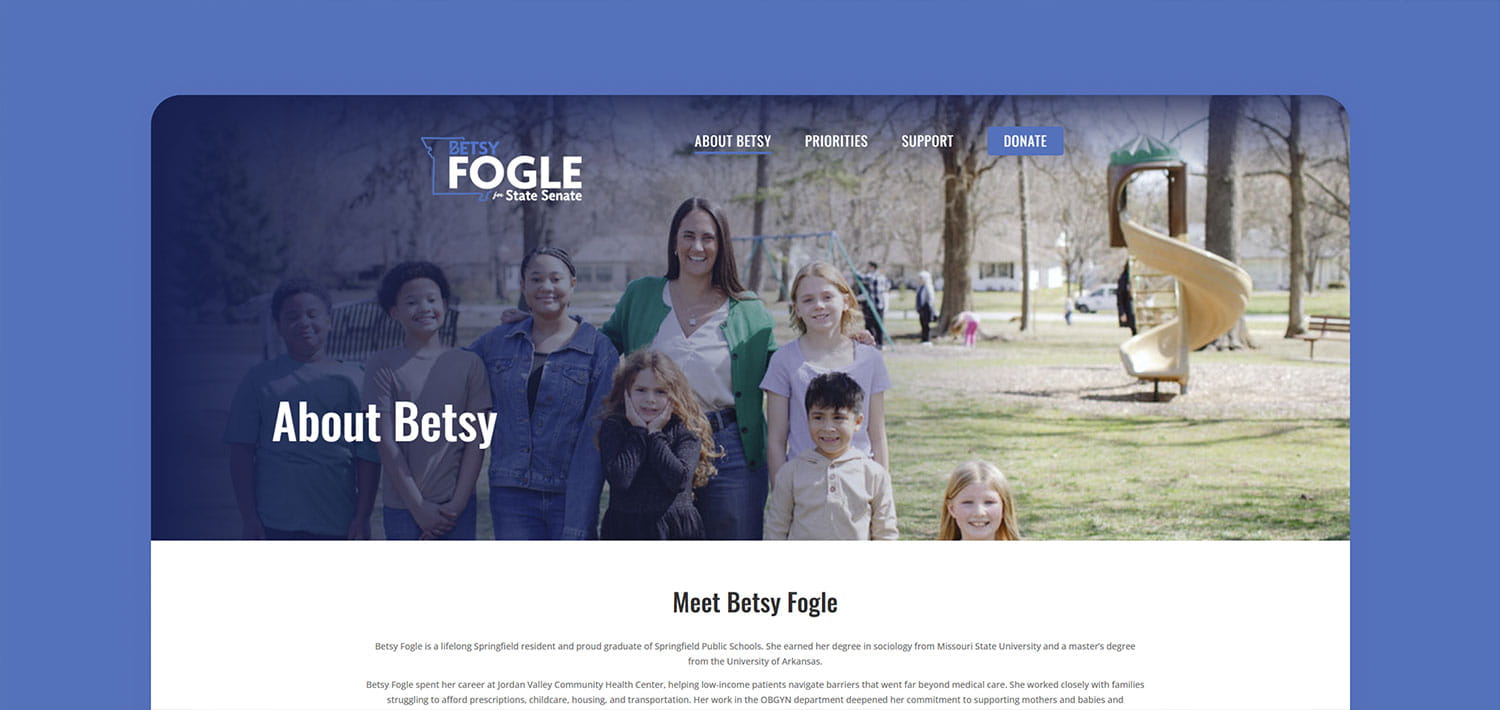 Campaign hero: Betsy Fogle with a group of diverse children in a park environment.