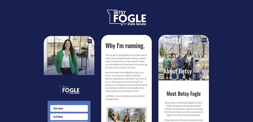 Campaign banner for Betsy Fogle for State Senate featuring three mobile screens on a dark blue background.