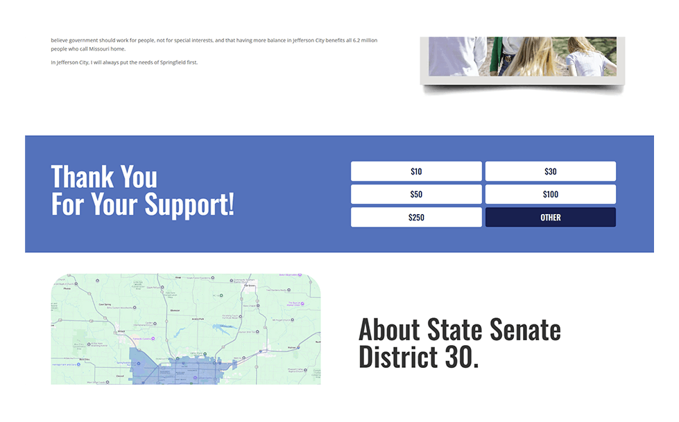 Blue donation banner with preset amount buttons ($10, $30, $50, $100, $250) and an 'Other' button; map image below; 'About State Senate District 30' heading.