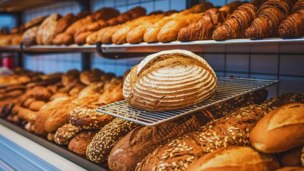 Brown crusty round loaf with decorative scoring on a metal rack in a bakery display area.