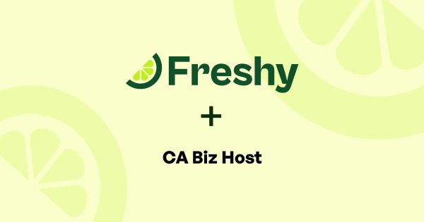 Logo for Freshy plus CA Biz Host on a pale yellow background with lime slice motifs, indicating a partnership or collaboration.