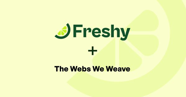 Freshy logo with lime wedge icon, a plus sign, and the text 'The Webs We Weave' on a pale yellow background.